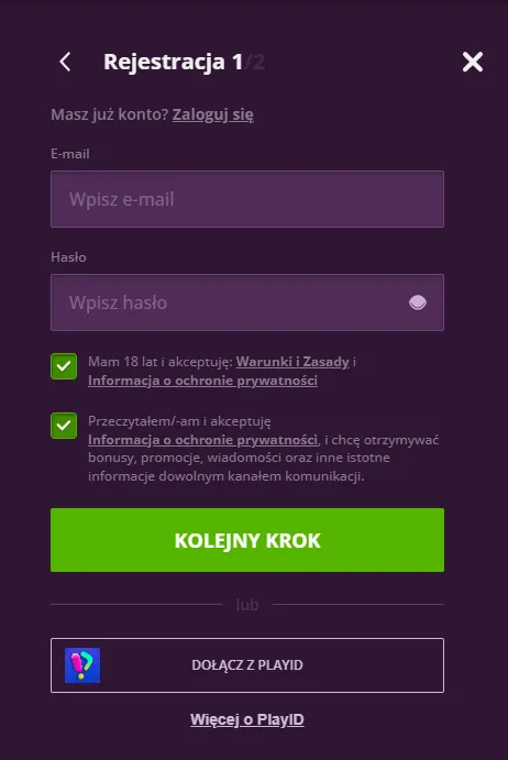 Formularz rejestracji konta w Malina casino